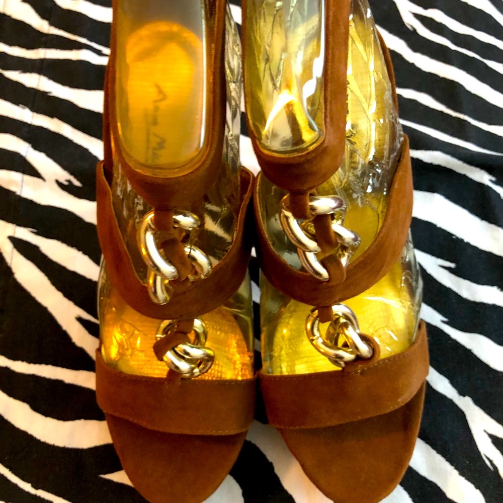 New Brown Gold Chain Platform Open Toe High Heel 6.5